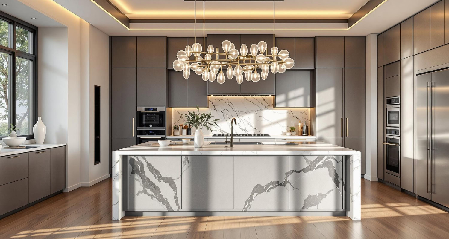 Modern kitchen top view, opened wooden drawers with accessories